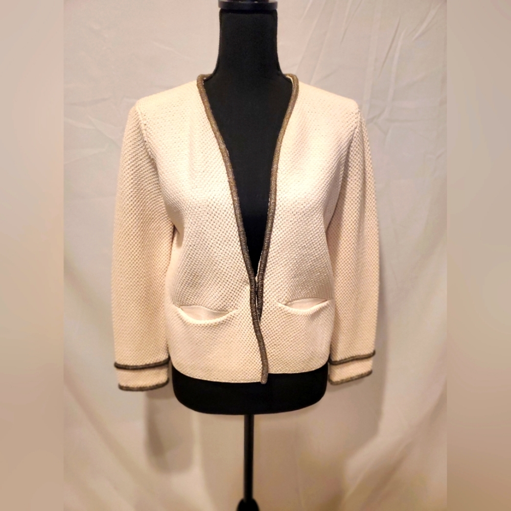 Maje Woman's Cropped Cardigan with Beaded Trim, Nude, Maje Size 3